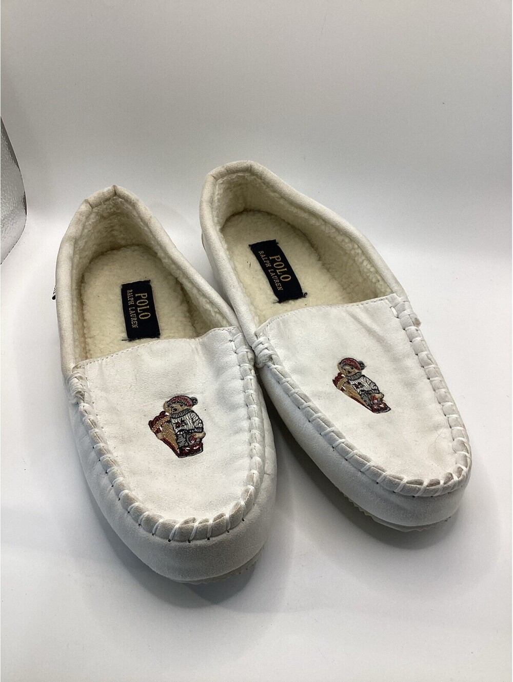 Polo Ralph Lauren Men's Moccasin Slipper White Holiday Bear Size: 6